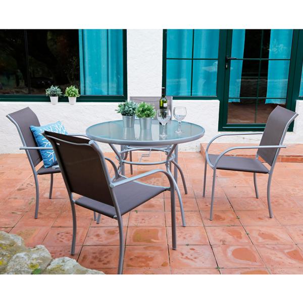 Conjunto mesa de acero ø 100 cm y 4 sillas acero/textilene Brasil