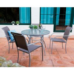 Conjunto mesa de acero ø 100 cm y 4 sillas acero/textilene Brasil - Item