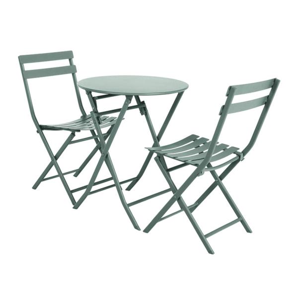 Mesa redonda + 2 sillas metálica plegable Verde serie Garden