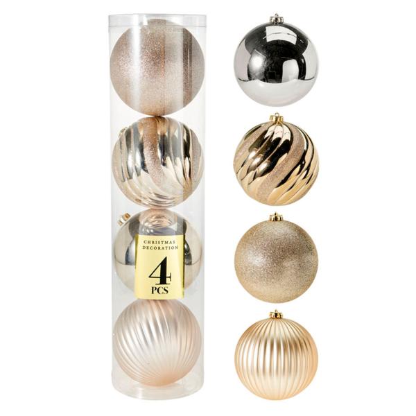 Caja de 4 bolas de navidad grandes Ø15 cm oro/champán