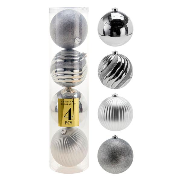 Caja de 4 bolas de navidad grandes Ø15 cm plata