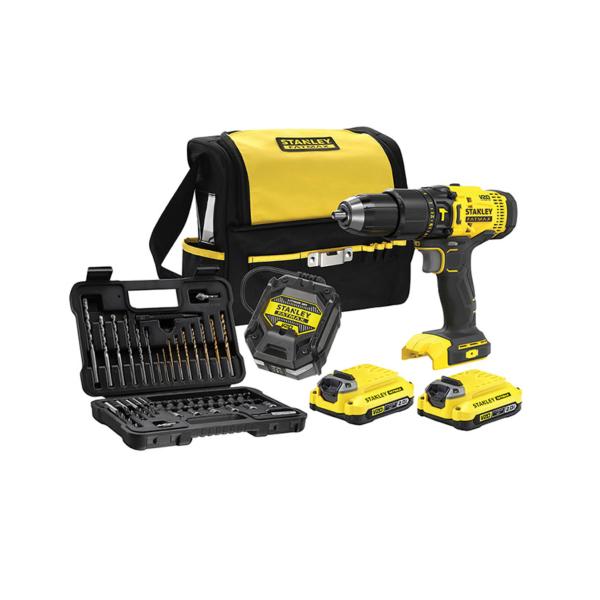 Kit Taladro percutor 18V Stanley + bolsa de transporte + maletín 50 accesorios