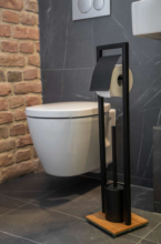 Serviteur WC 2en1 avec dérouleur papier toilette et brosse WC, Acier noir et base bois, Bambusa - Item4