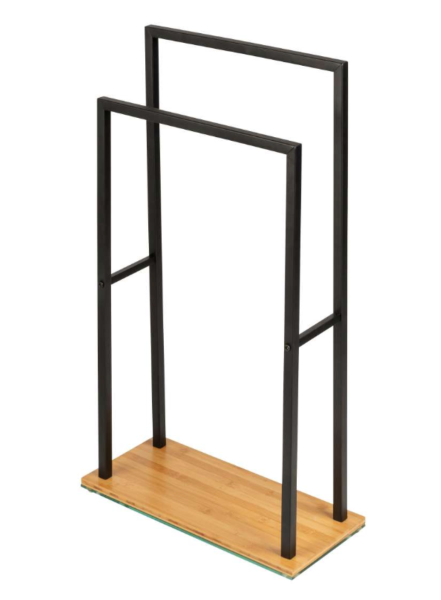 Porte Serviette sur pied acier noir et base bois lestée en bambou, 2 portants, 46x20x80 cm