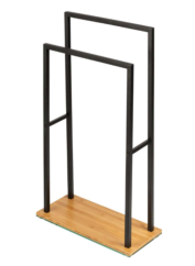 Porte Serviette sur pied acier noir et base bois lestée en bambou, 2 portants, 46x20x80 cm