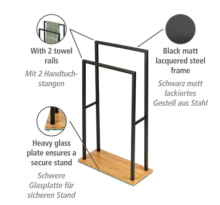 Porte Serviette sur pied acier noir et base bois lestée en bambou, 2 portants, 46x20x80 cm - Item1