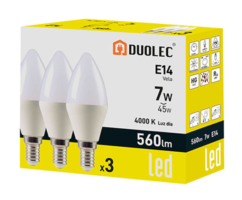 Pack 3 bombillas Led vela DUOLEC E14 luz día 7W