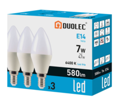 Pack 3 bombillas Led vela DUOLEC E14 luz fría 7W - Ítem