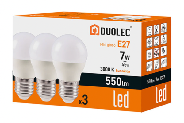Pack 3 bombillas led Mini Globo DUOLEC E27 luz cálida 7W