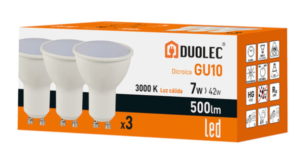 Pack 3 ampoules Led dichroïques DUOLEC GU10 lumière chaude 7W
