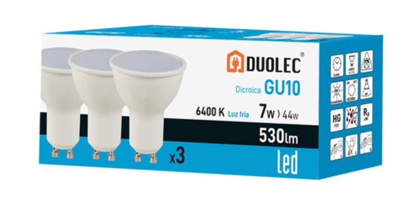 Pack 3 bombillas Led dicroica DUOLEC GU10 luz fría 7W