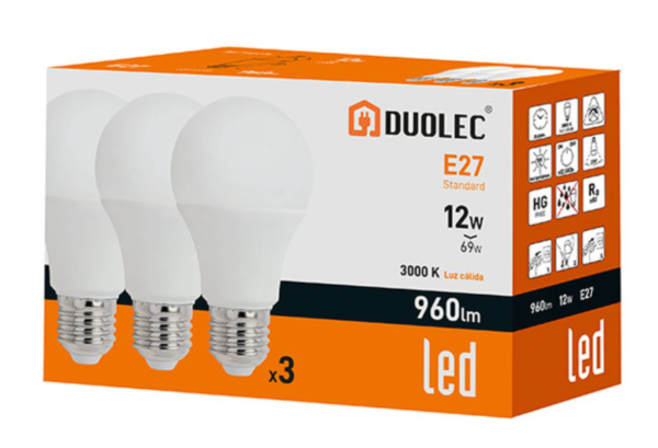 Pack 3 ampoules Led standard DUOLEC E27 lumière chaude 12W