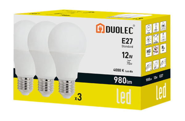 Pack 3 bombillas Led estándar DUOLEC E27 luz día 12W