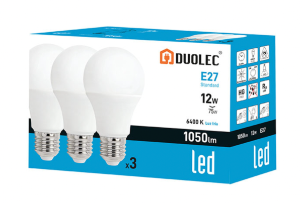 Pack 3 bombillas Led estándar DUOLEC E27 luz fría 12W