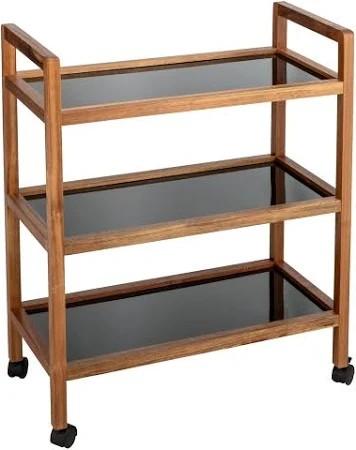 Chariot 3 étagères FONDI - Cristal noir et acacia 65 x 76,5 x 31 cm