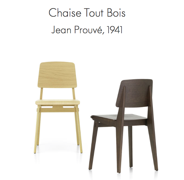 Silla Chaise Tout Bois, diseñada por Jean Prouvé en 1941 y actualmente producida por Vitra. Es un concepto de silla robusta y a la vez airosa construida íntegramente en madera de roble y disponible en acabado natural y teñido oscuro.