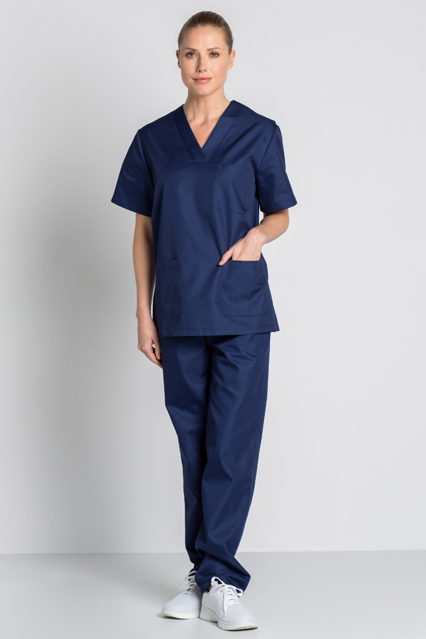 Chaqueta pijama sanitaria manga corta unisex azul con cuello de pico. Ropa laboral y vestuario profesional de calidad. Dyneke.