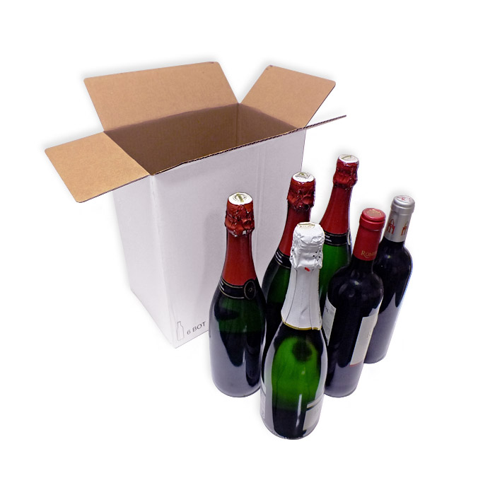 Caja de cartón blanca para 6 botellas con separadores