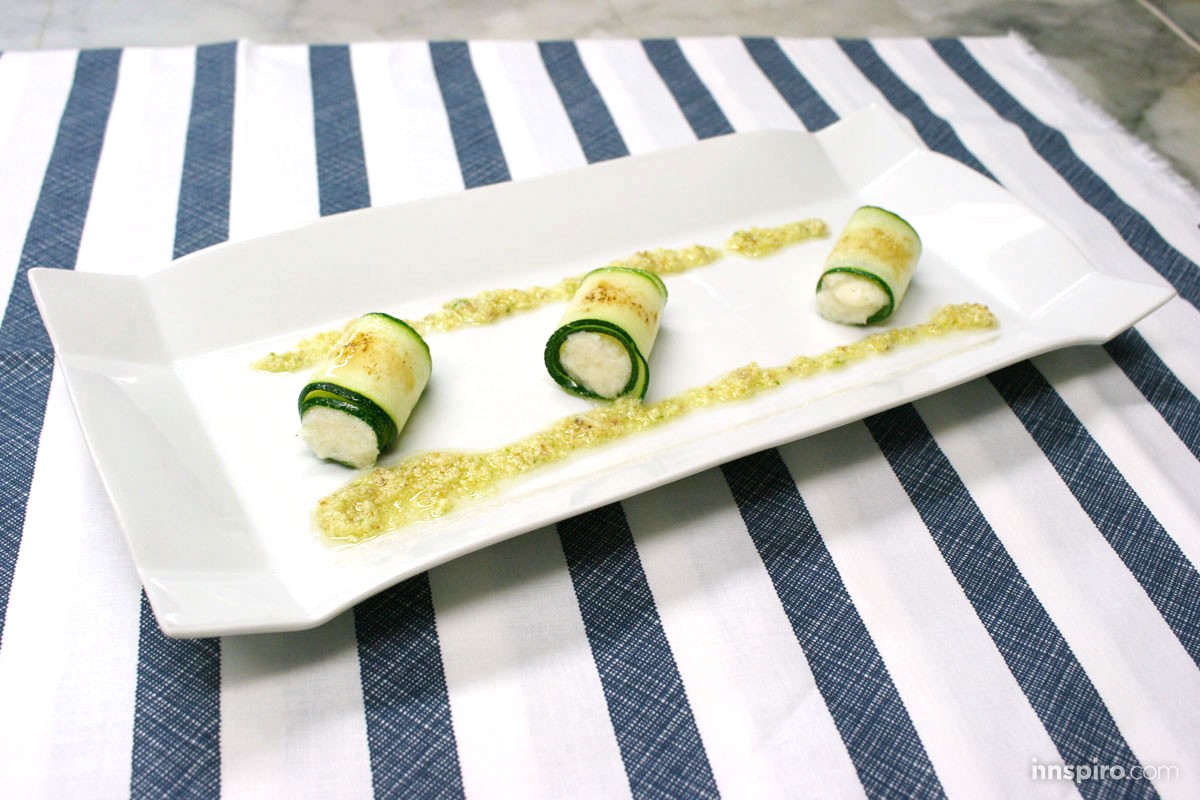 Rollitos de calabacín y brandada, vinagreta de avellanas y naranja
