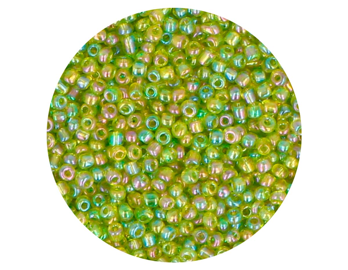 14025 Rocalla de vidrio redonda aurora boreale verde aguacate 2 3mm 09gr Tubo Innspiro