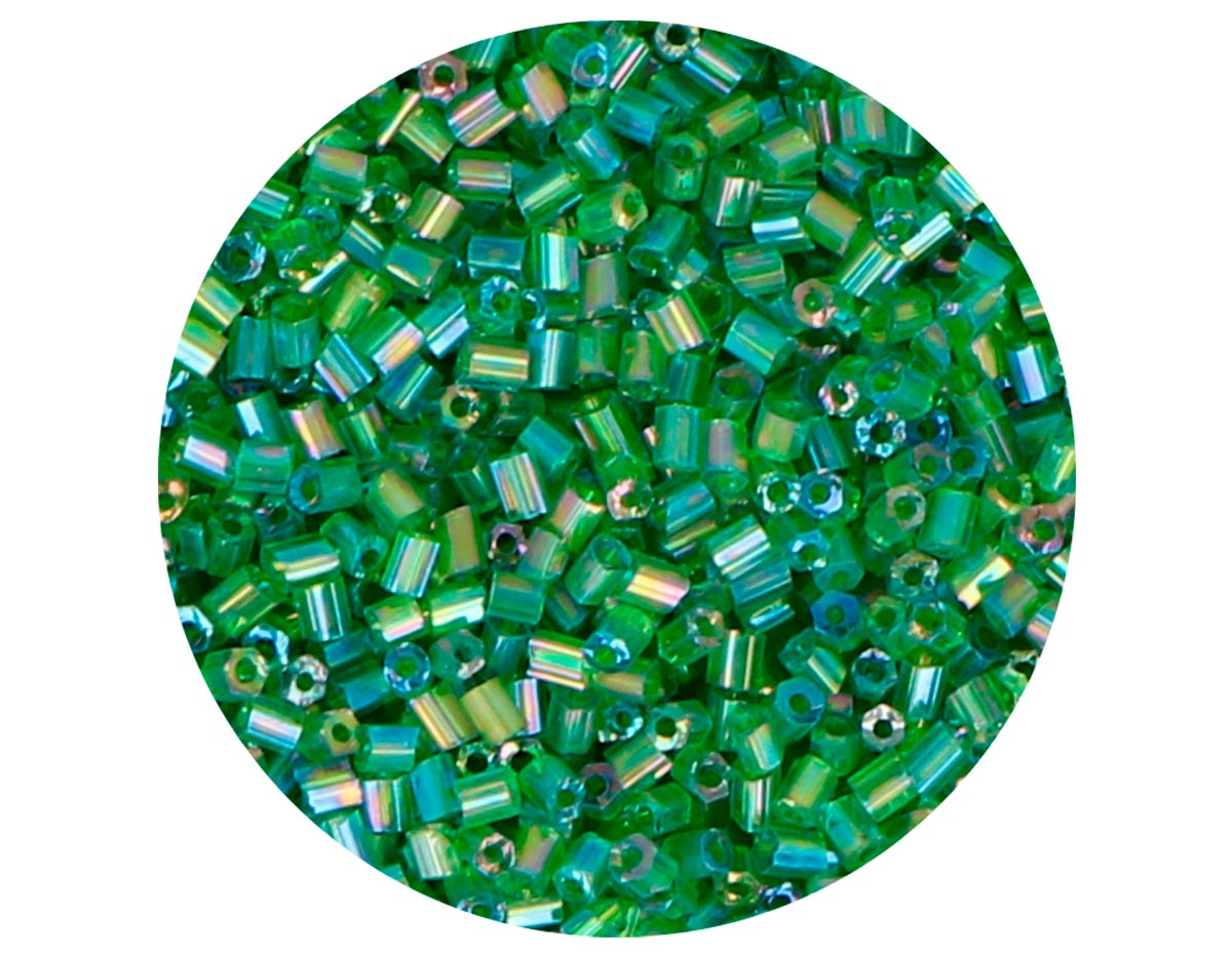 14104 Rocalla de vidrio cilindro mini aurora boreal verde oscuro diam 2x2mm 09gr Tubo Innspiro