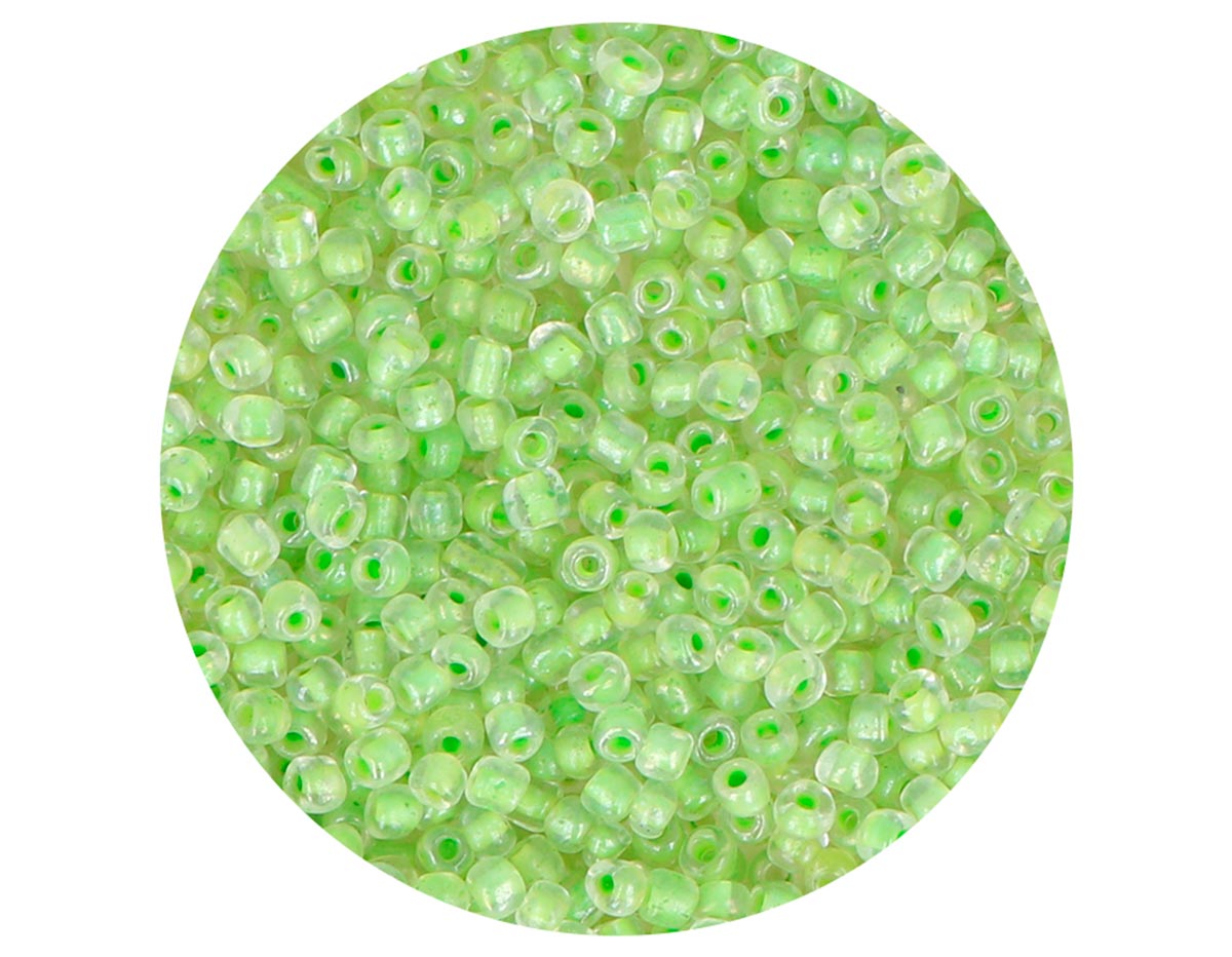 14644 Rocalla de vidrio redonda color interior verde 2 3mm 09gr Tubo Innspiro