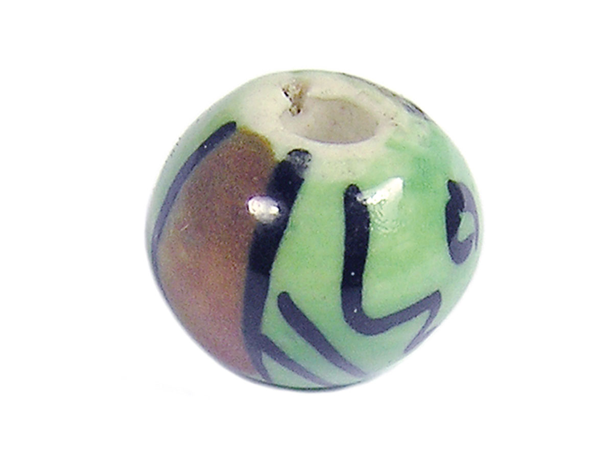 213518 Z213518 Cuenta ceramica bola esmaltada blanca con flor verde y linea marron Innspiro