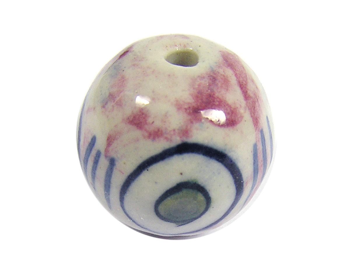 213529 Z213529 Cuenta ceramica bola esmaltada blanca con topos verdes y lineas azules Innspiro