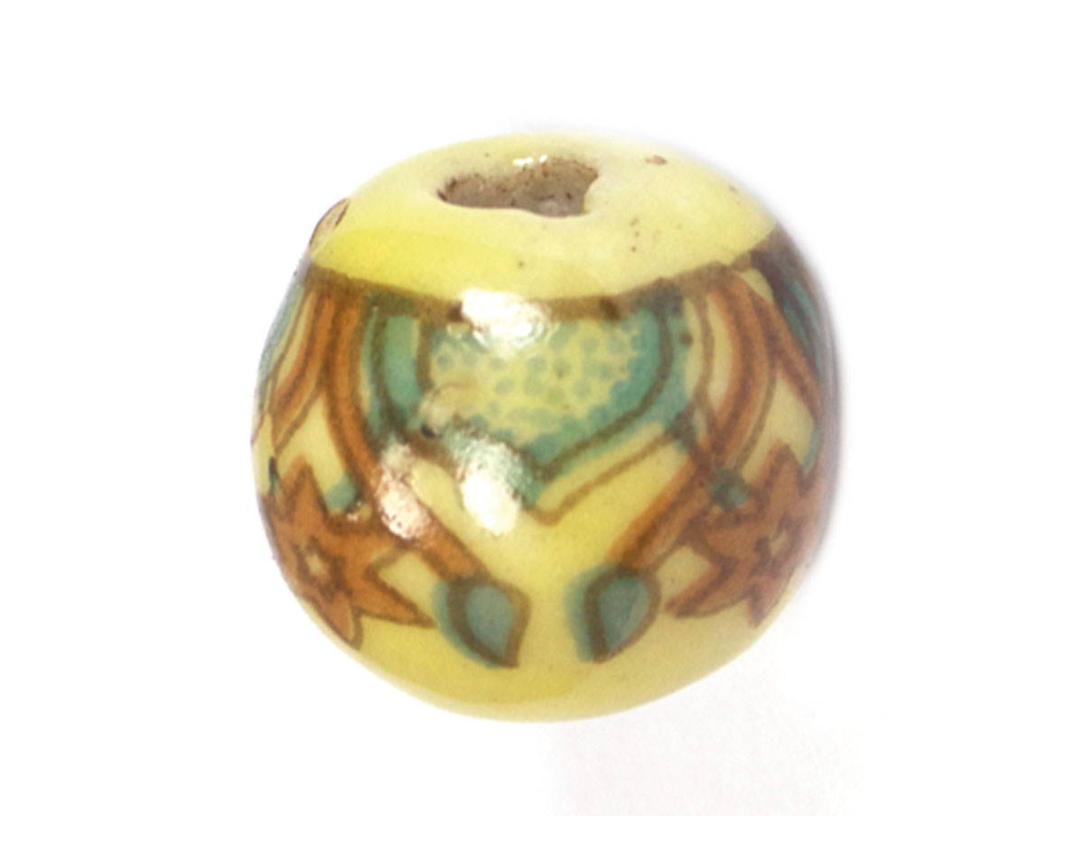 213530 Z213530 Perle ceramique boule decoree jaune avec dessin marron et bleu Innspiro