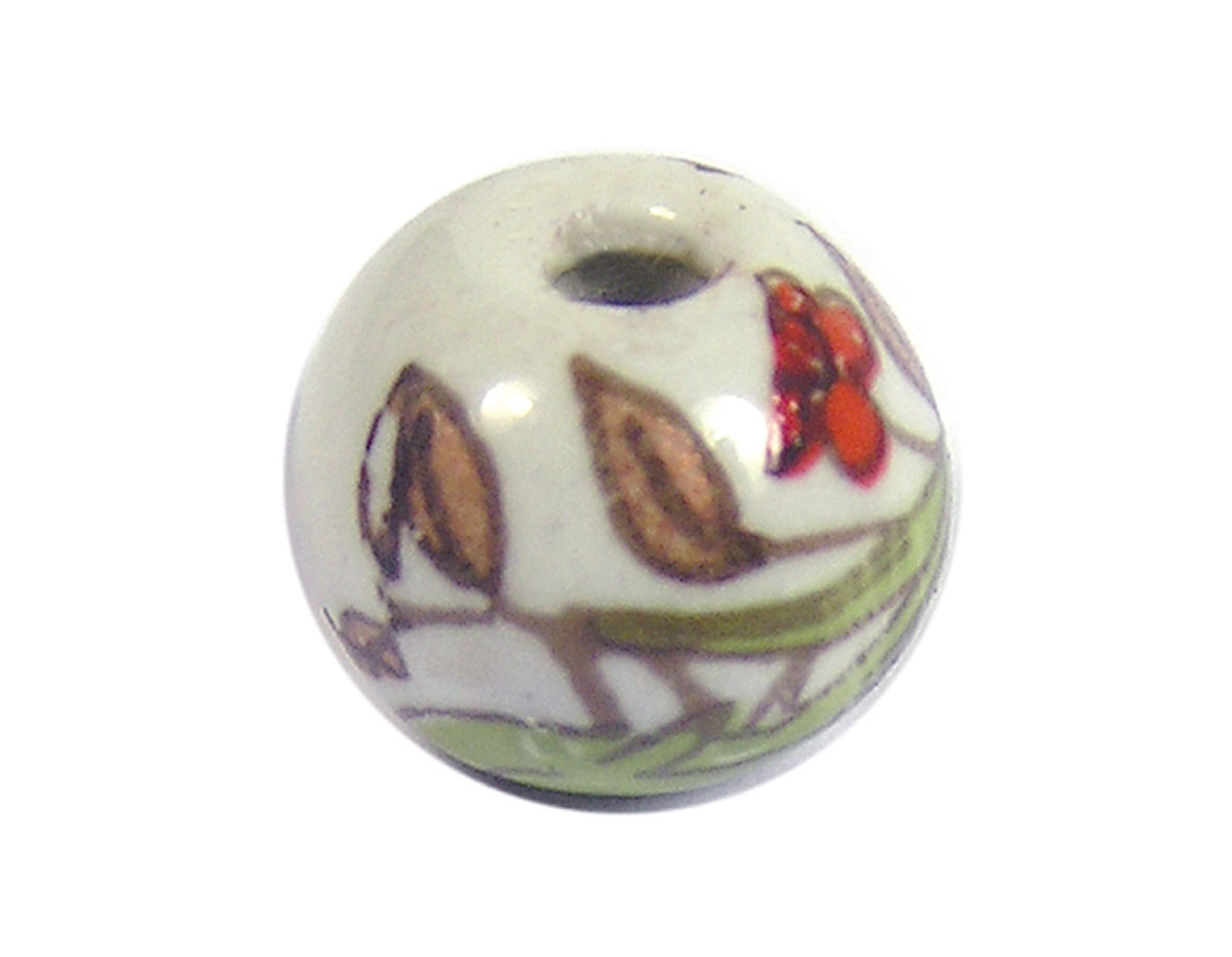 Z213531 213531 Perle ceramique boule emaillage blanc avec oiseau vert Innspiro