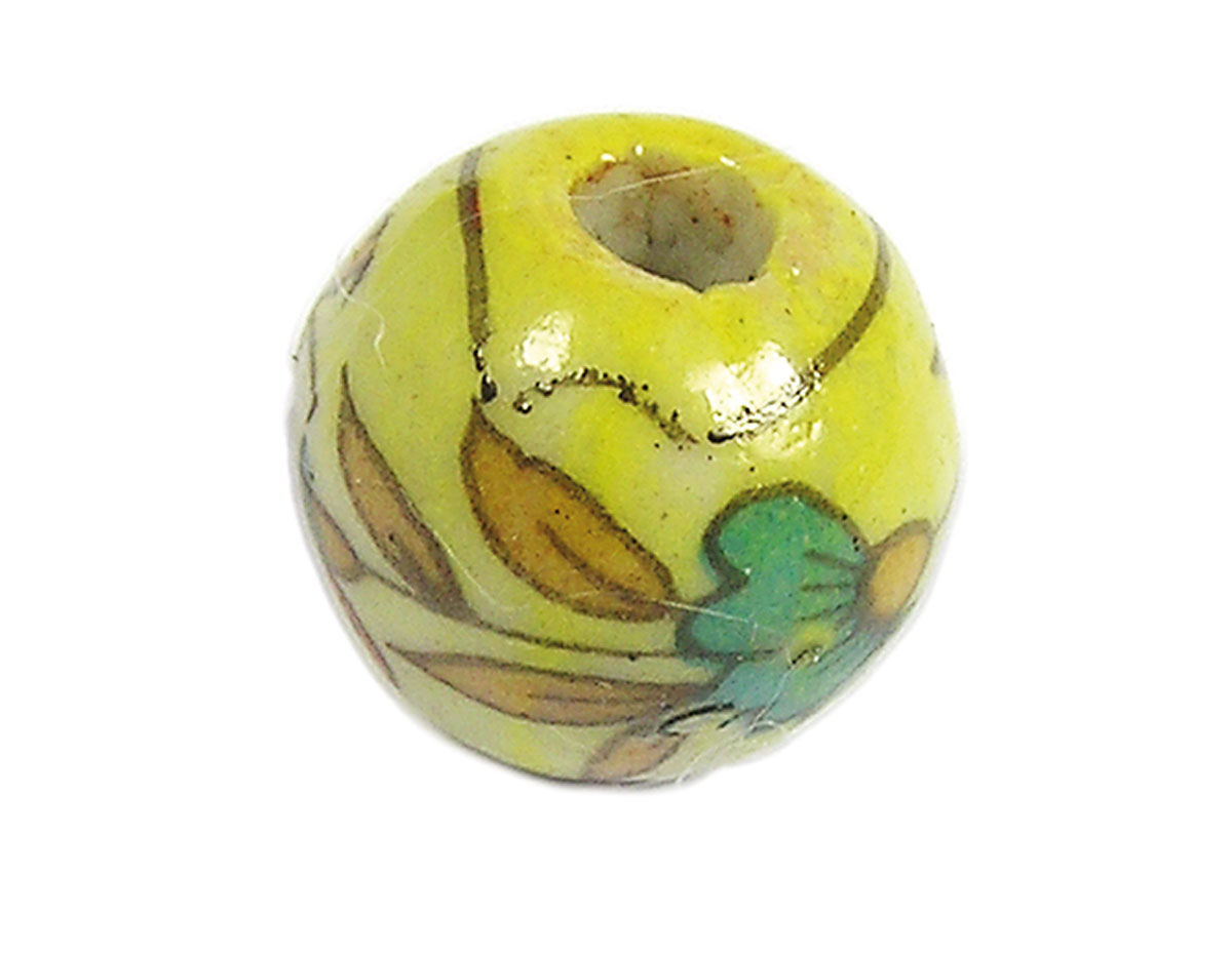 213534 Z213534 Perle ceramique boule emaillage jaune avec fleur rouge et verte Innspiro