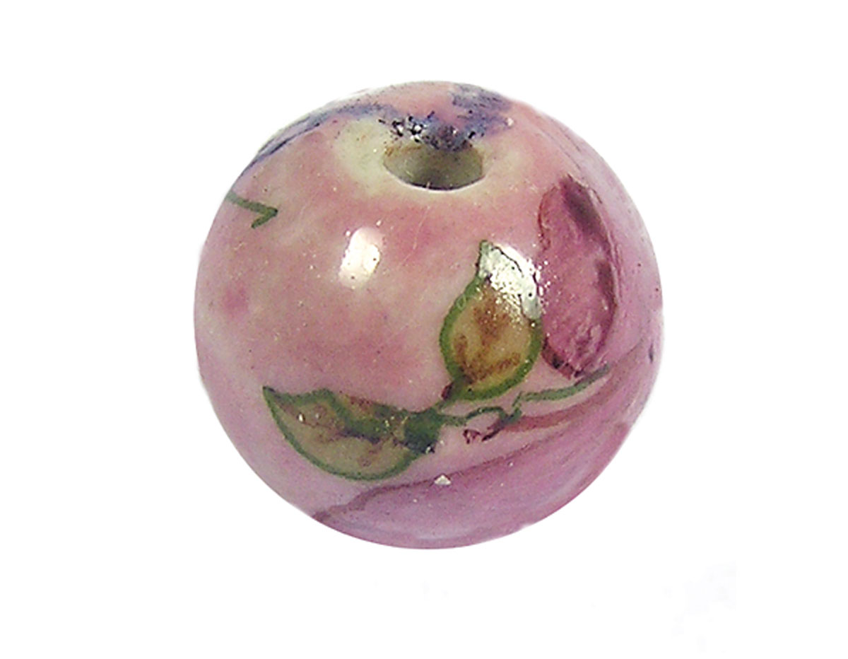 213536 Z213536 Perle ceramique boule decoree rose avec dessin vert Innspiro