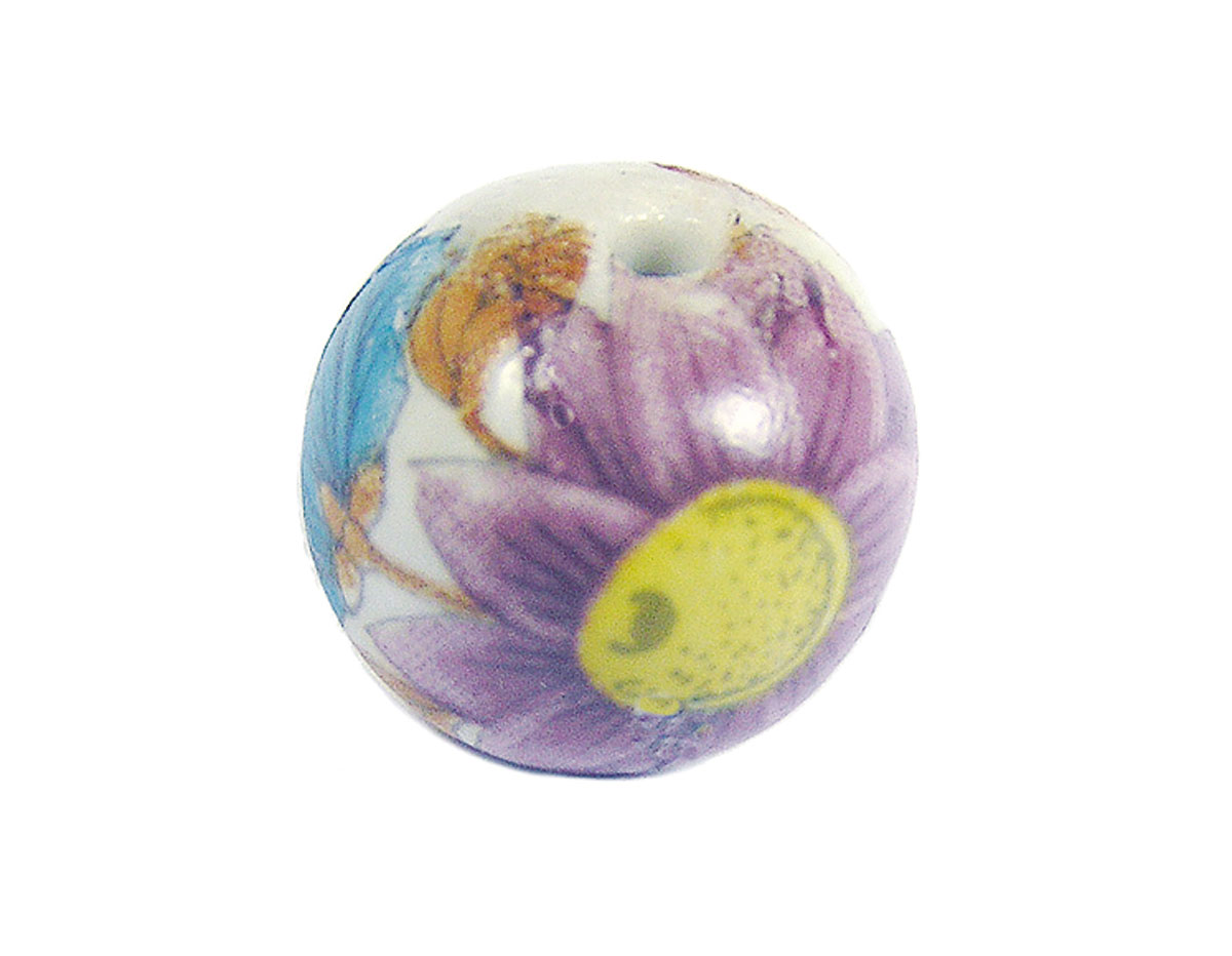 Z213540 213540 Cuenta ceramica bola decorada blanca con flor lila Innspiro