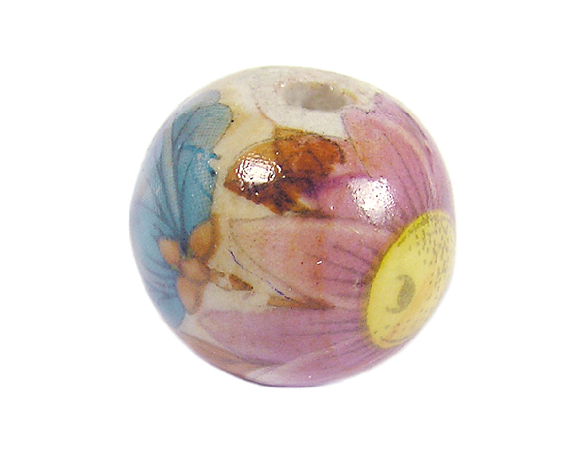 Z213560 213560 Perle ceramique boule decoree blanche avec fleur rose et bleue Innspiro