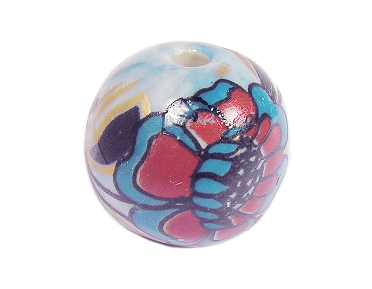 Z213561 213561 Perle ceramique boule decoree bleue avec fleur rouge et verte Innspiro
