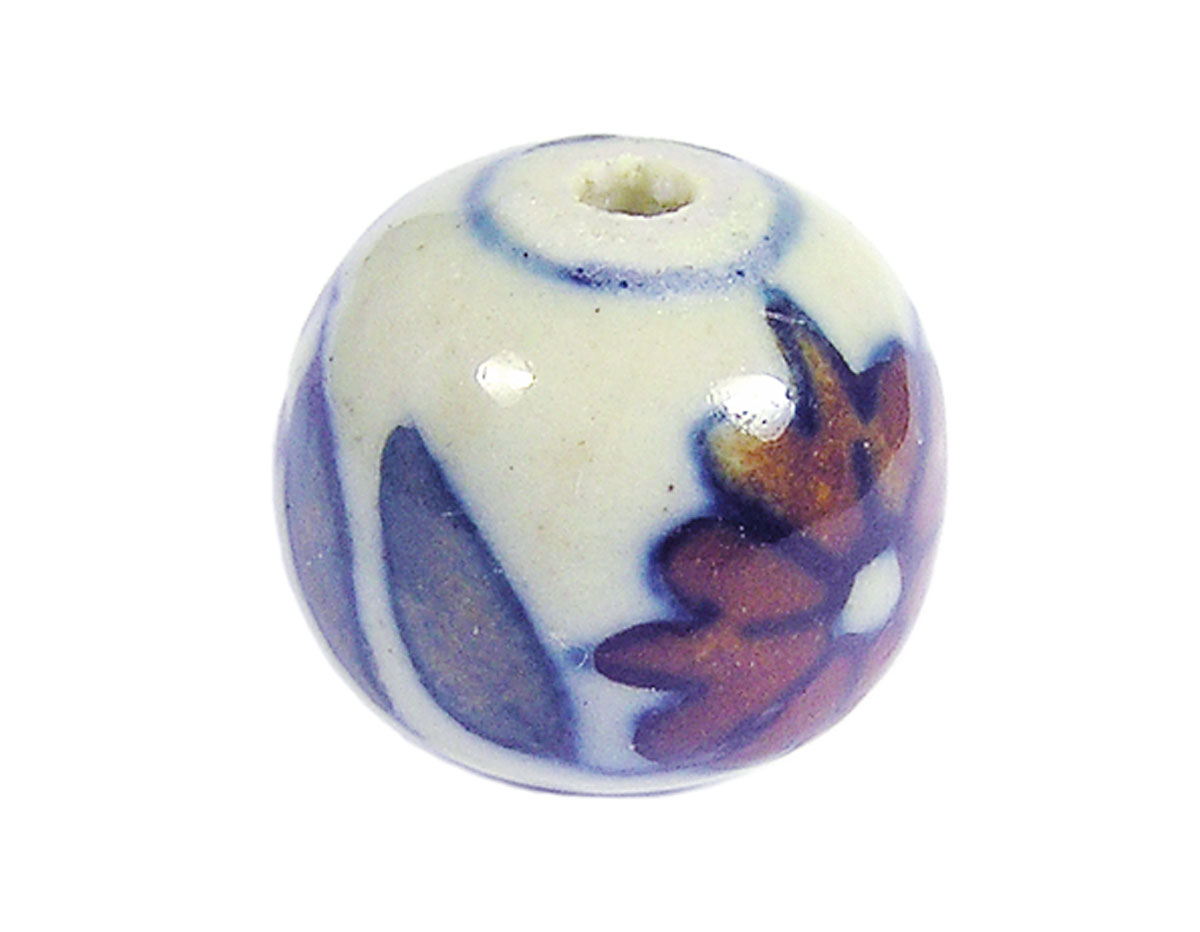 Z213563 213563 Cuenta ceramica bola esmaltada blanca con flor marron verde y azul Innspiro
