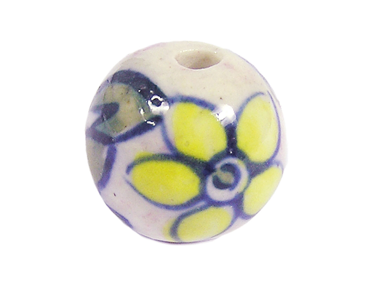 Z213564 213564 Perle ceramique boule emaillage blanc avec fleur jaune Innspiro
