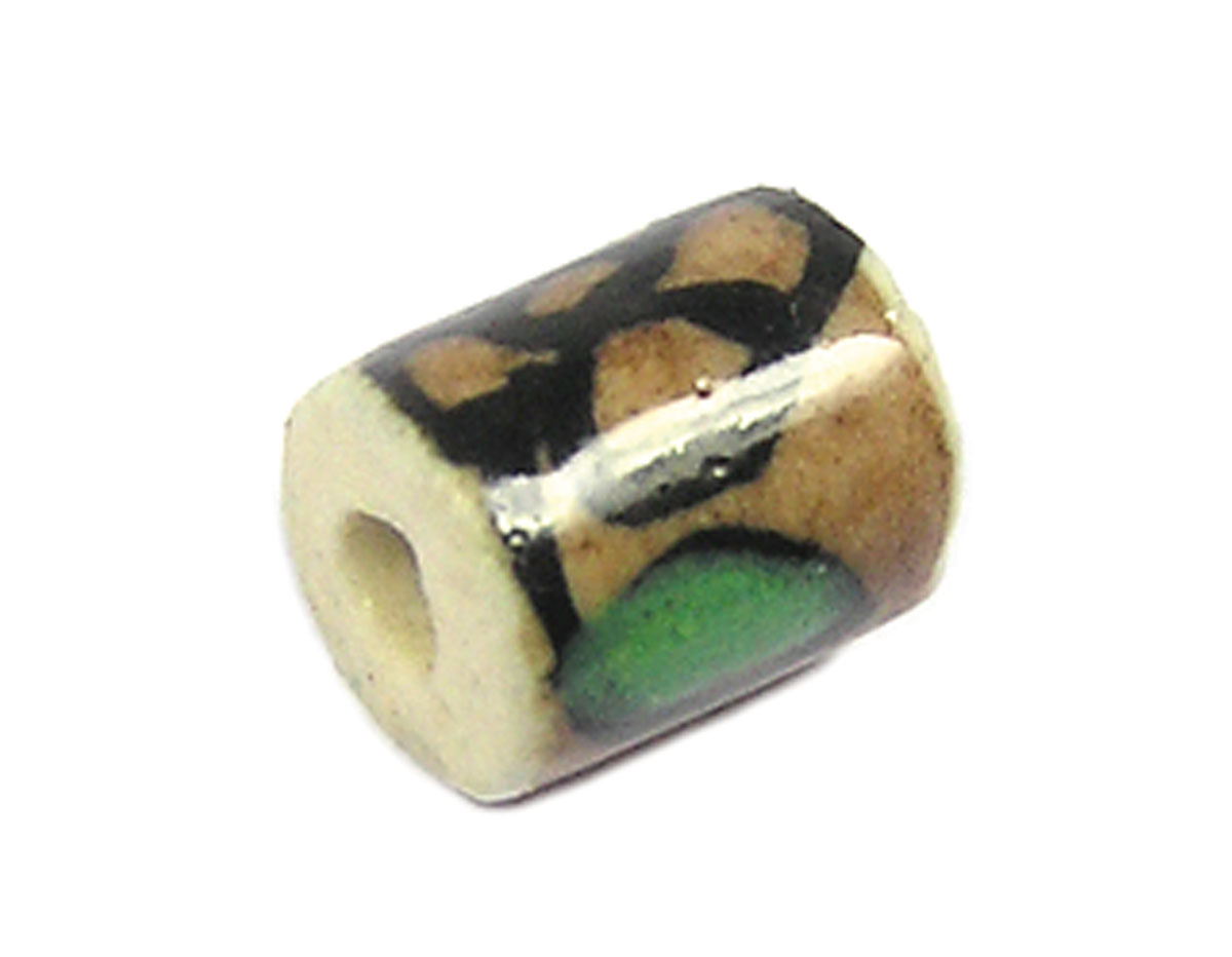 Z213573 213573 Cuenta ceramica cilindro esmaltada marron con hojas verde Innspiro