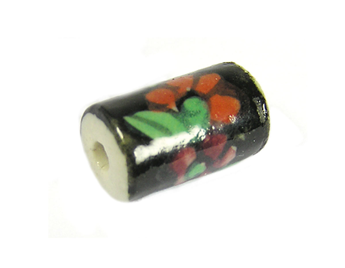 213585 Z213585 Perle ceramique cylindre emaillage noir avec fleur rouge Innspiro