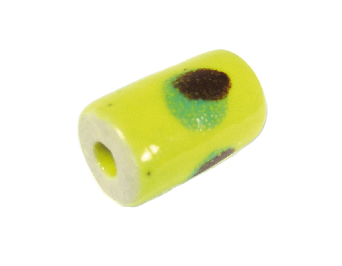 213586 Z213586 Cuenta ceramica cilindro esmaltada amarilla con topos marrones y verdes Innspiro