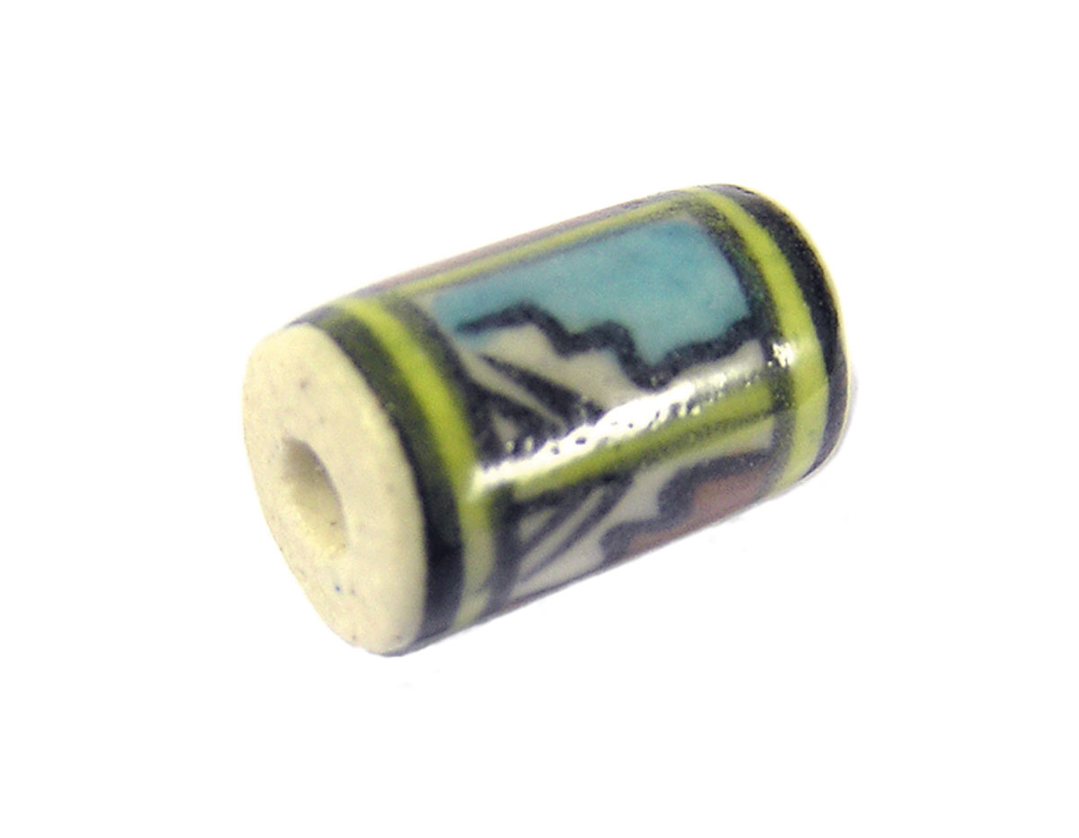 Z213590 213590 Cuenta ceramica cilindro esmaltada blanca con dibujo amarillo azul y verde Innspiro