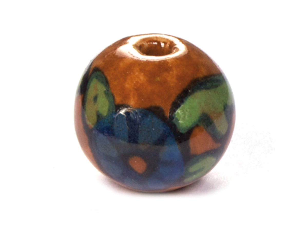 Z213591 213591 Cuenta ceramica bola esmaltada marron con flor azul Innspiro