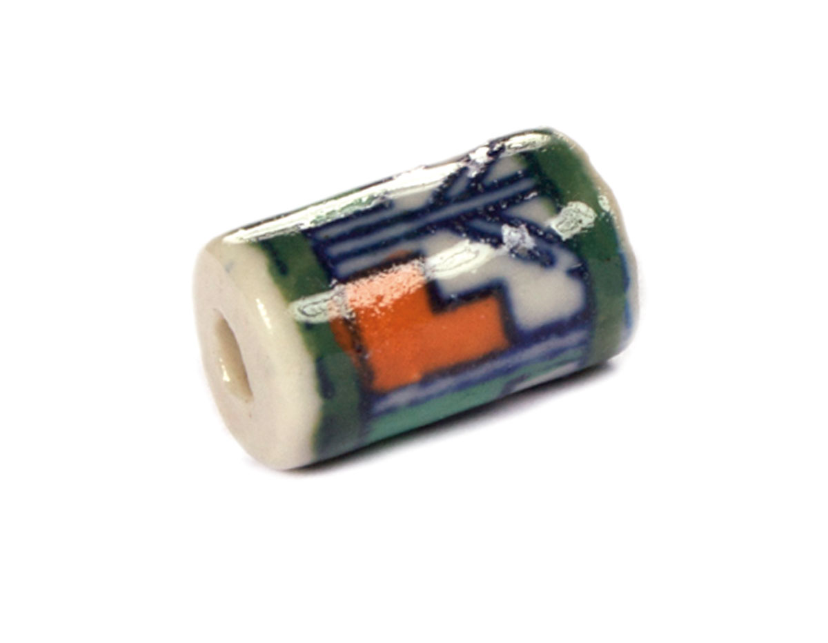 Z213593 213593 Cuenta ceramica cilindro esmaltada blanca con dibujo azul verde y naranja Innspiro