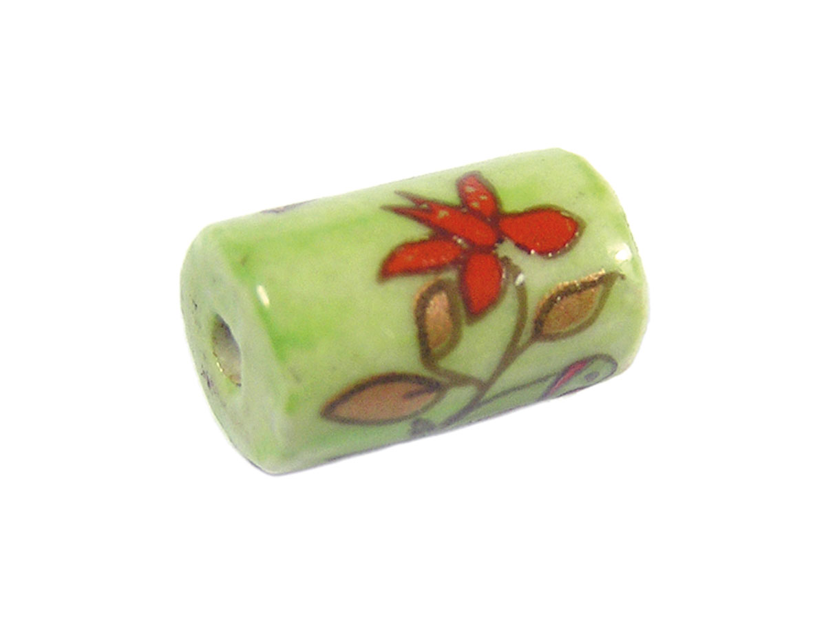 213596 Z213596 Perle ceramique cylindre decoree verte avec fleur rouge Innspiro