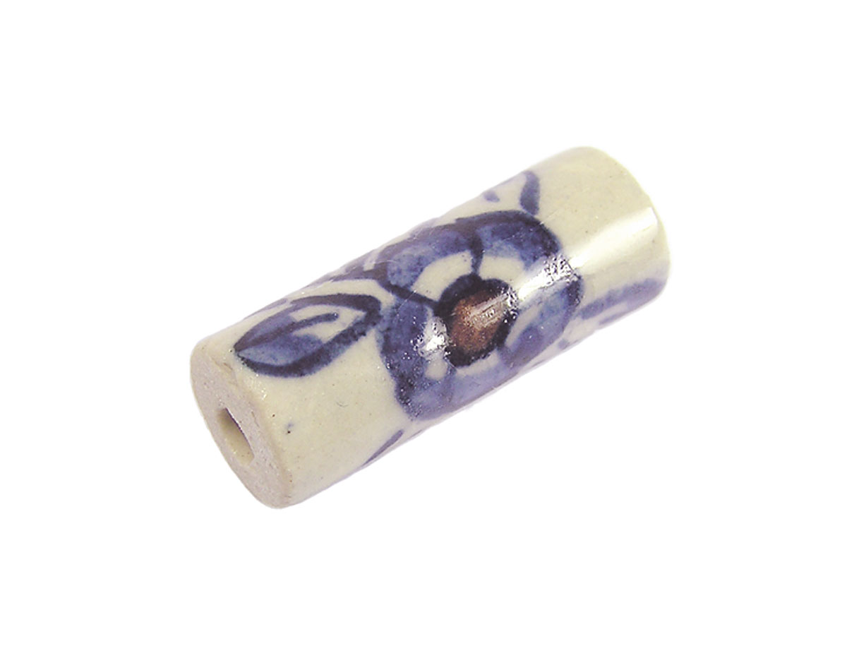 213598 Z213598 Cuenta ceramica cilindro esmaltada blanca con flor azul Innspiro