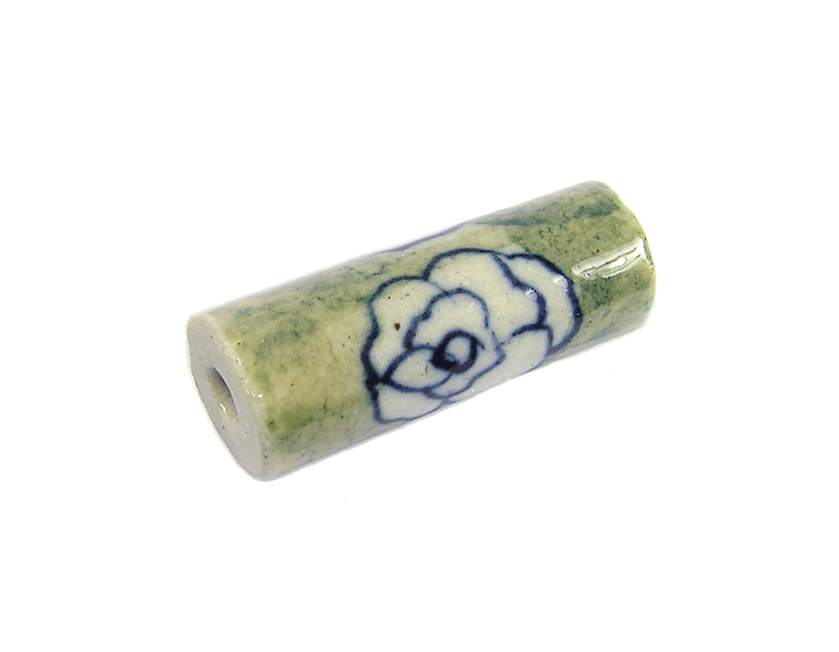 213599 Z213599 Cuenta ceramica cilindro esmaltada verde con flor blanca Innspiro