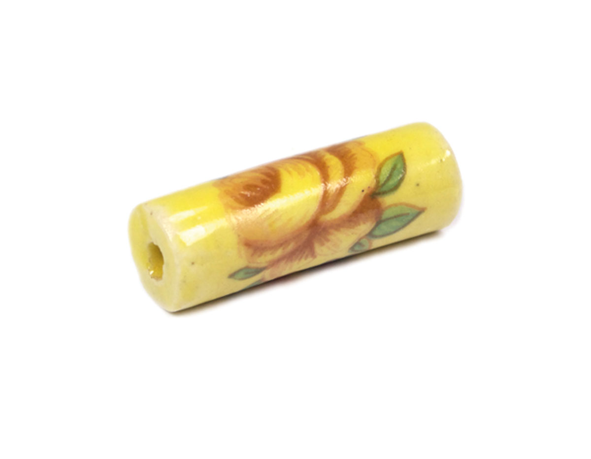213601 Z213601 Perle ceramique cylindre decoree jaune avec fleur rose Innspiro