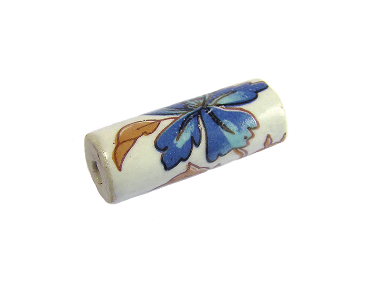 213602 Z213602 Perle ceramique cylindre decoree blanche avec fleur bleue et marron Innspiro
