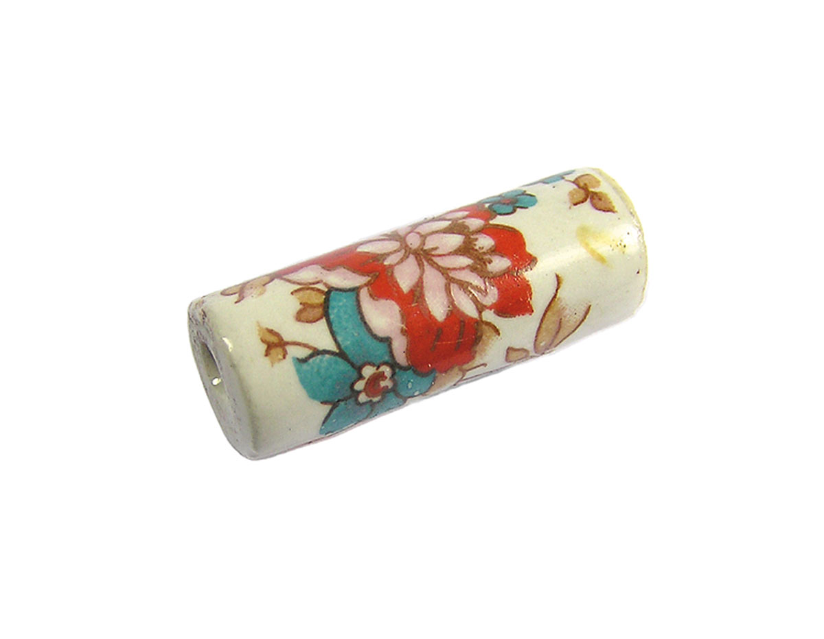 213604 Z213604 Perle ceramique cylindre decoree blanche avec fleur couleurs Innspiro