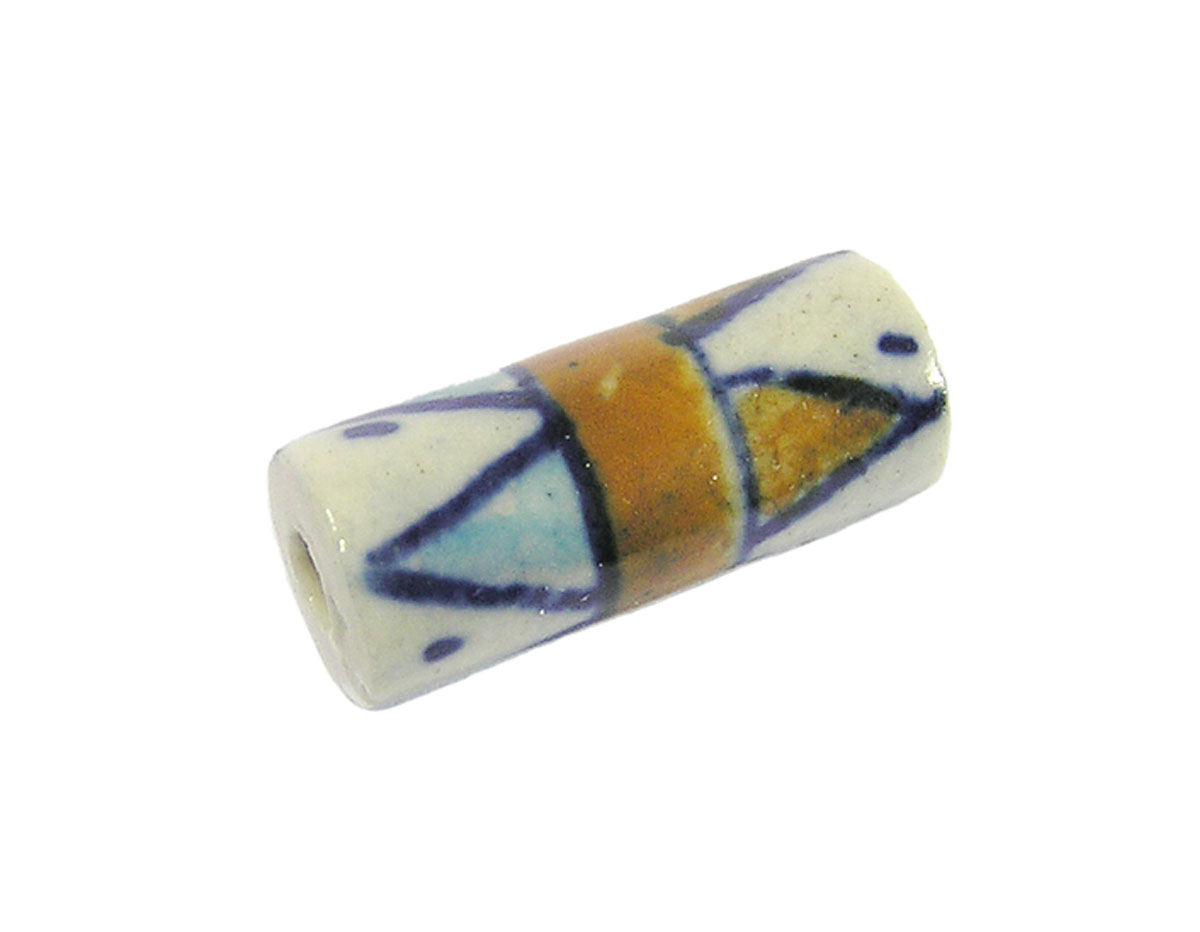 Z213607 213607 Perle ceramique cylindre emaillage blanc avec dessin marron et bleu Innspiro